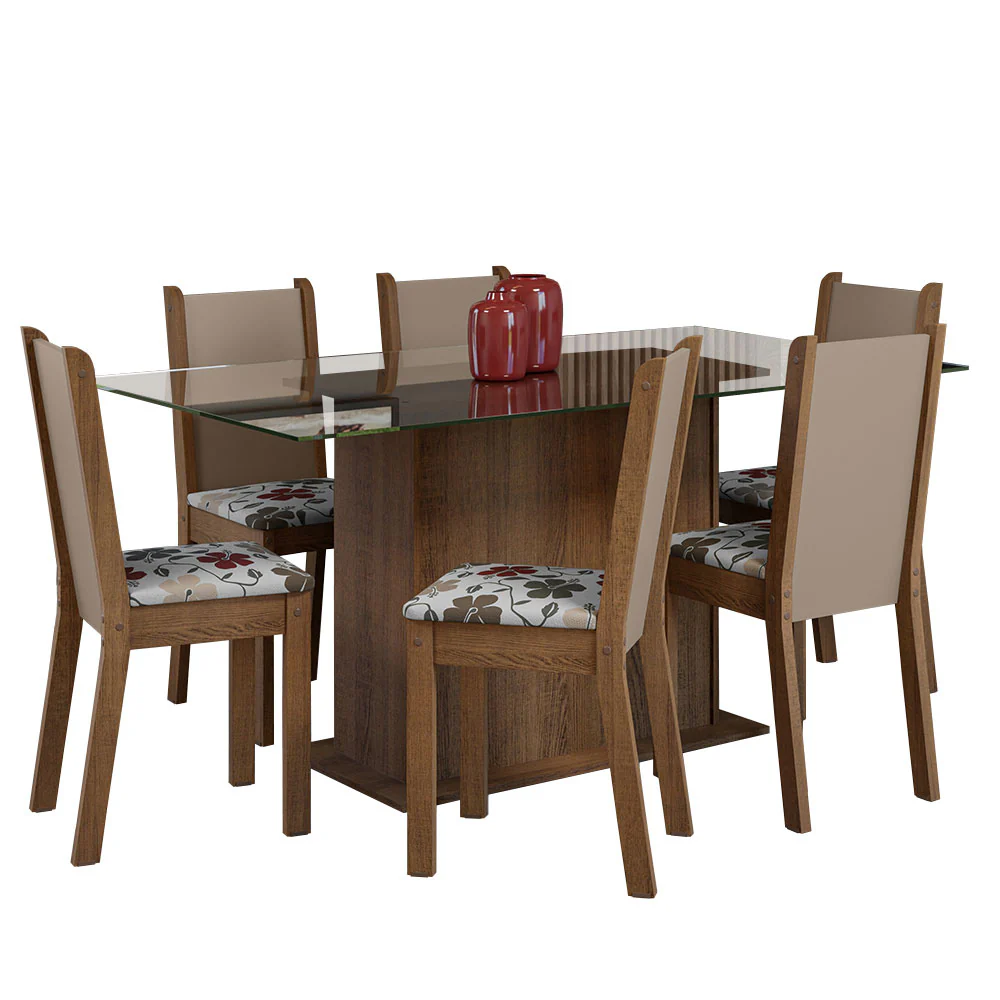 Conjunto Sala de Jantar Mesa Tampo de Vidro 6 Cadeiras Rustic/Crema/Floral Hibiscos Yolanda Madesa - Image 2