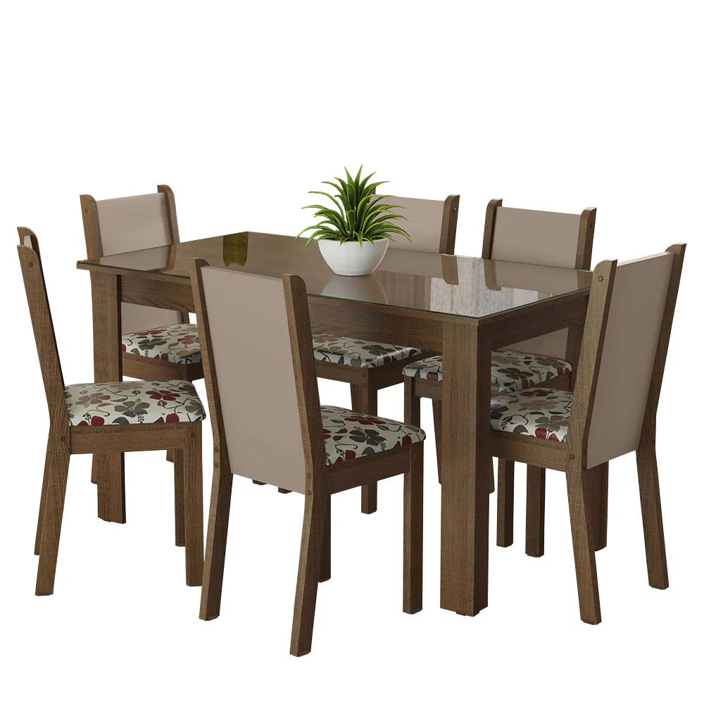 Conjunto Sala de Jantar Mesa Tampo de Vidro 6 Cadeiras Rustic/Crema/Hibiscos Heloísa Madesa - Image 2