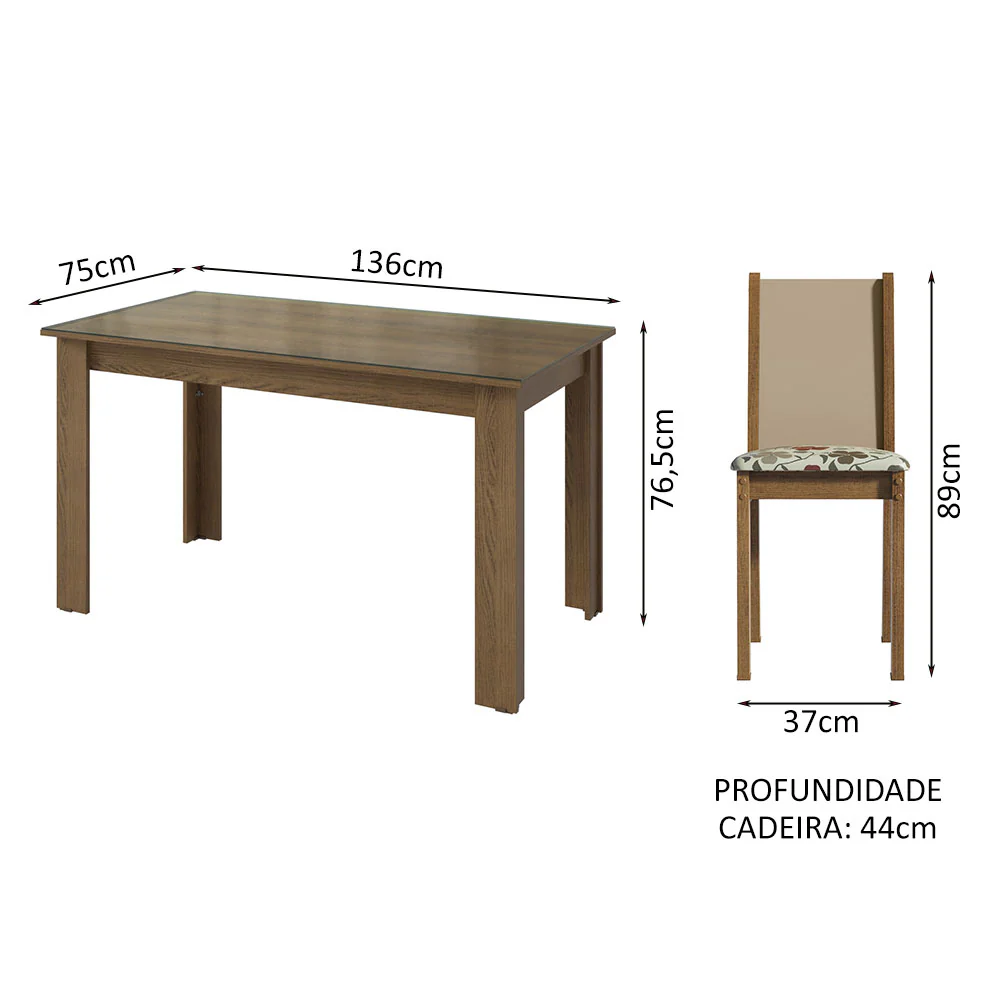 Conjunto Sala de Jantar Mesa Tampo de Vidro 6 Cadeiras Rustic/Crema/Hibiscos Heloísa Madesa - Image 3