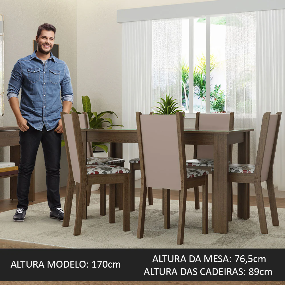 Conjunto Sala de Jantar Mesa Tampo de Vidro 6 Cadeiras Rustic/Crema/Hibiscos Heloísa Madesa - Image 4