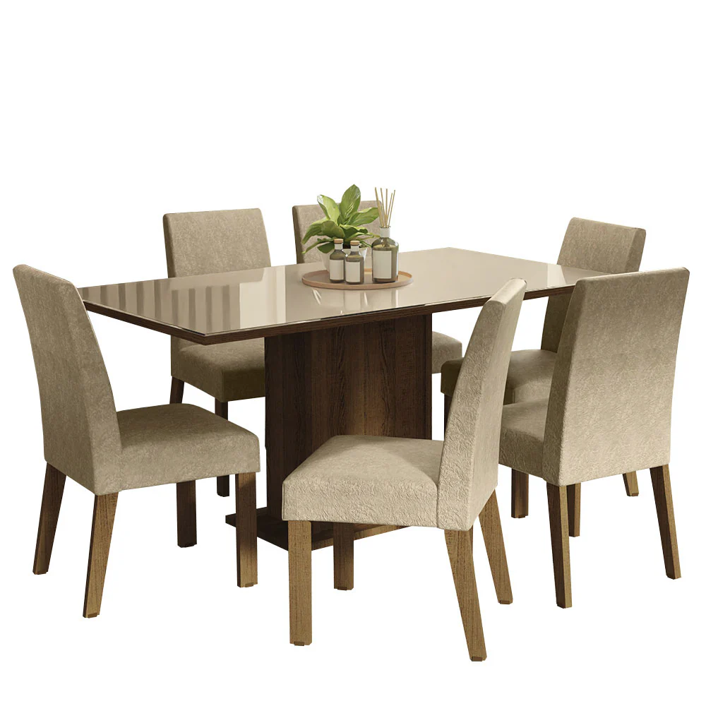 Conjunto Sala de Jantar Mesa Tampo de Vidro 6 Cadeiras Rustic/Crema/Imperial Alexis Madesa - Image 2