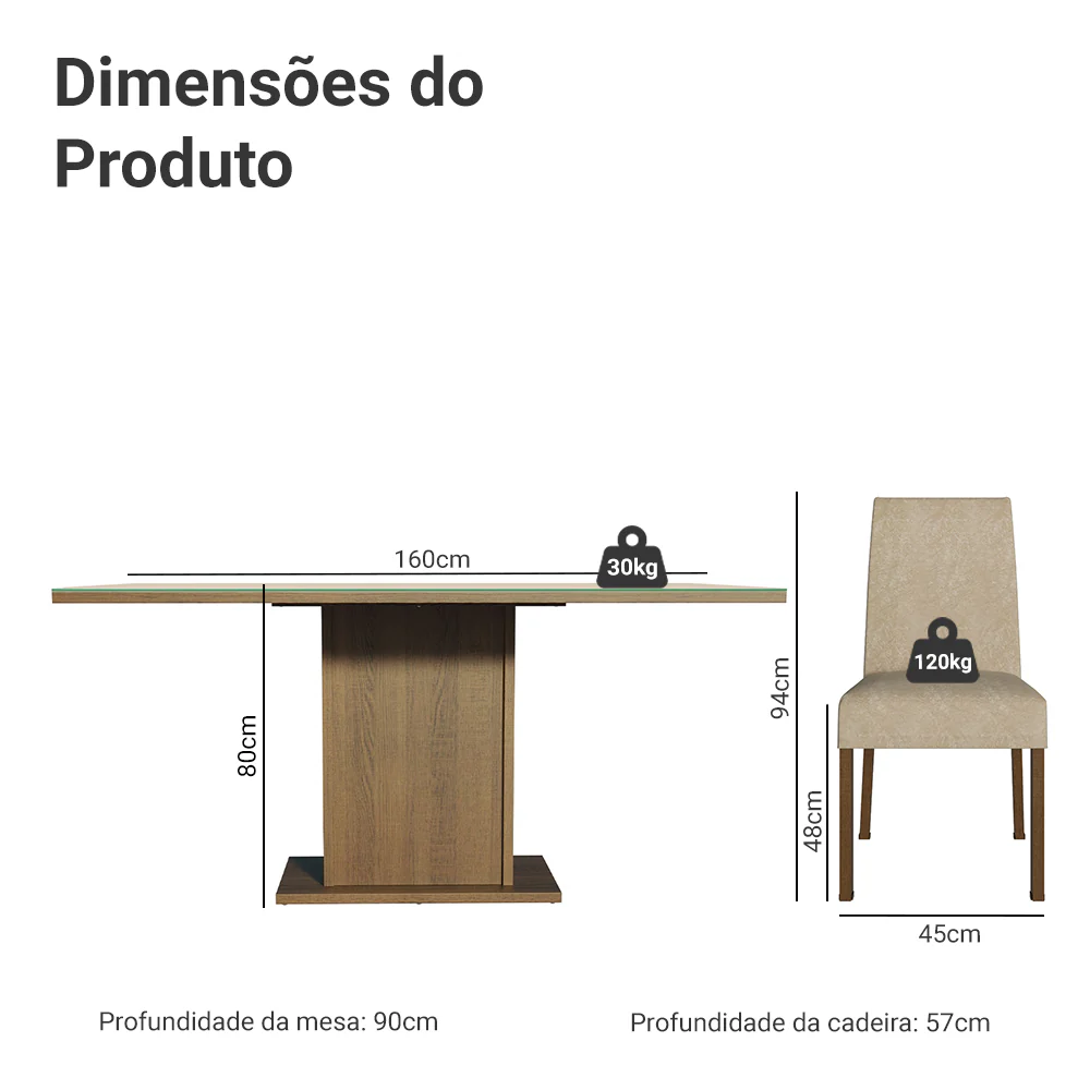 Conjunto Sala de Jantar Mesa Tampo de Vidro 6 Cadeiras Rustic/Crema/Imperial Alexis Madesa - Image 3