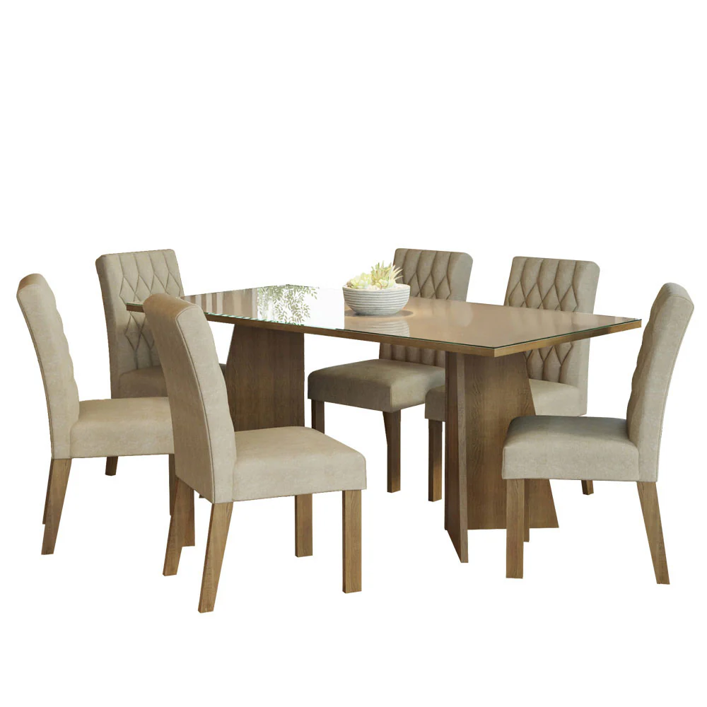 Conjunto Sala de Jantar Mesa Tampo de Vidro 6 Cadeiras Rustic/Crema/Imperial Marissa Madesa - Image 2