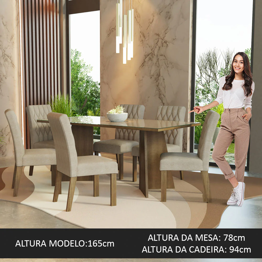 Conjunto Sala de Jantar Mesa Tampo de Vidro 6 Cadeiras Rustic/Crema/Imperial Marissa Madesa - Image 3