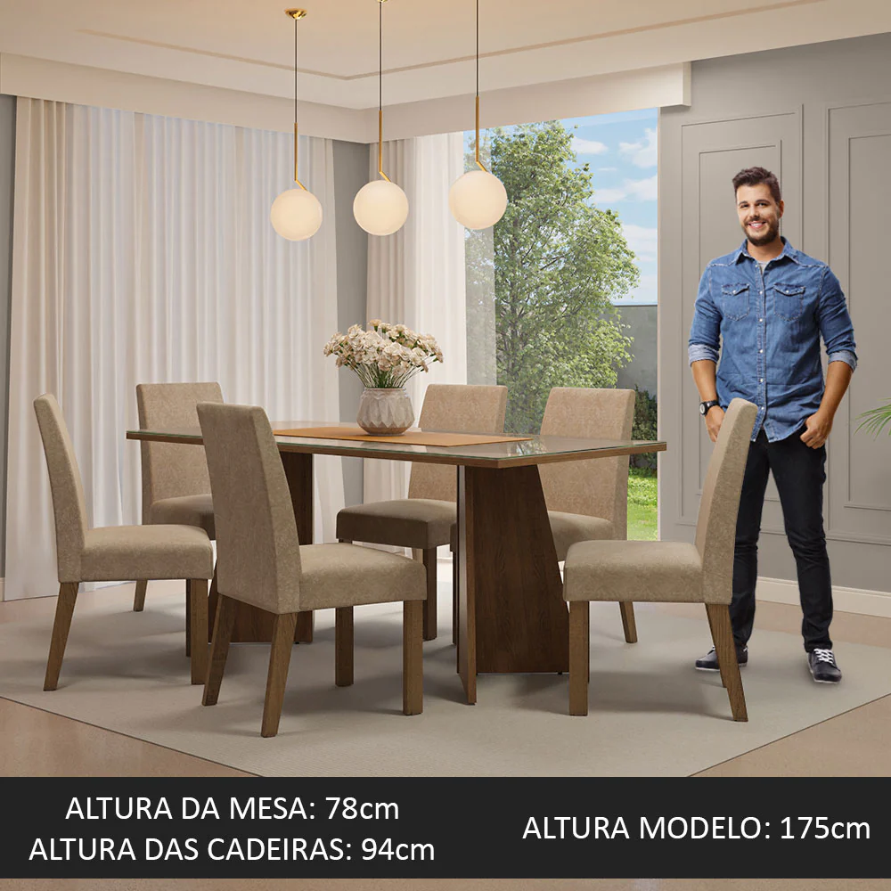 Conjunto Sala de Jantar Mesa Tampo de Vidro 6 Cadeiras Rustic/Crema/Imperial Valerie Madesa - Image 3