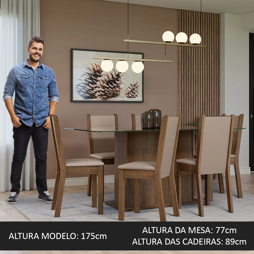 Conjunto Sala de Jantar Mesa Tampo de Vidro 6 Cadeiras Rustic/Crema/Sintético Bege Yolanda Madesa - Image 5