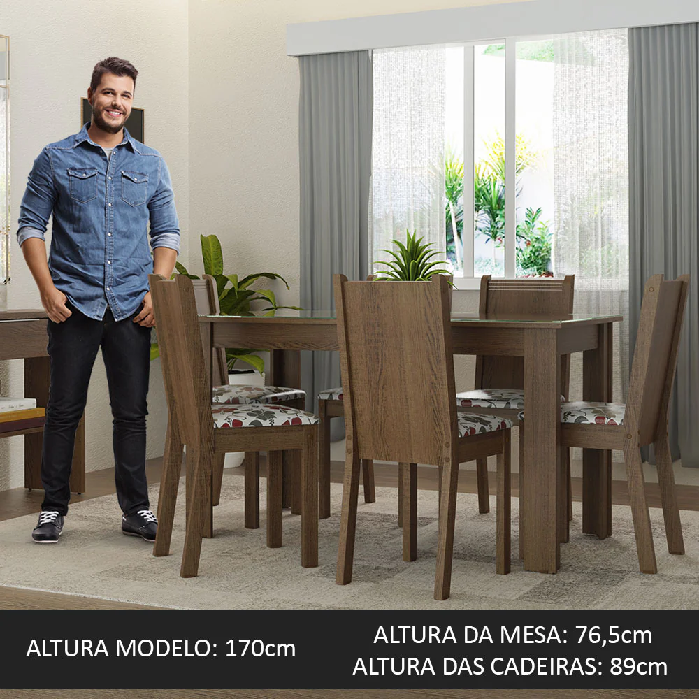 Conjunto Sala de Jantar Mesa Tampo de Vidro 6 Cadeiras Rustic/Hibiscos Isla Madesa - Image 4