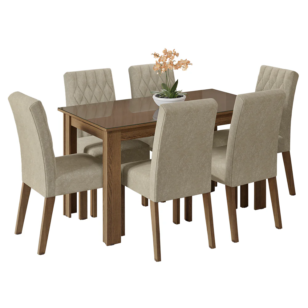 Conjunto Sala de Jantar Mesa Tampo de Vidro 6 Cadeiras Rustic/Imperial Odara Madesa - Image 2