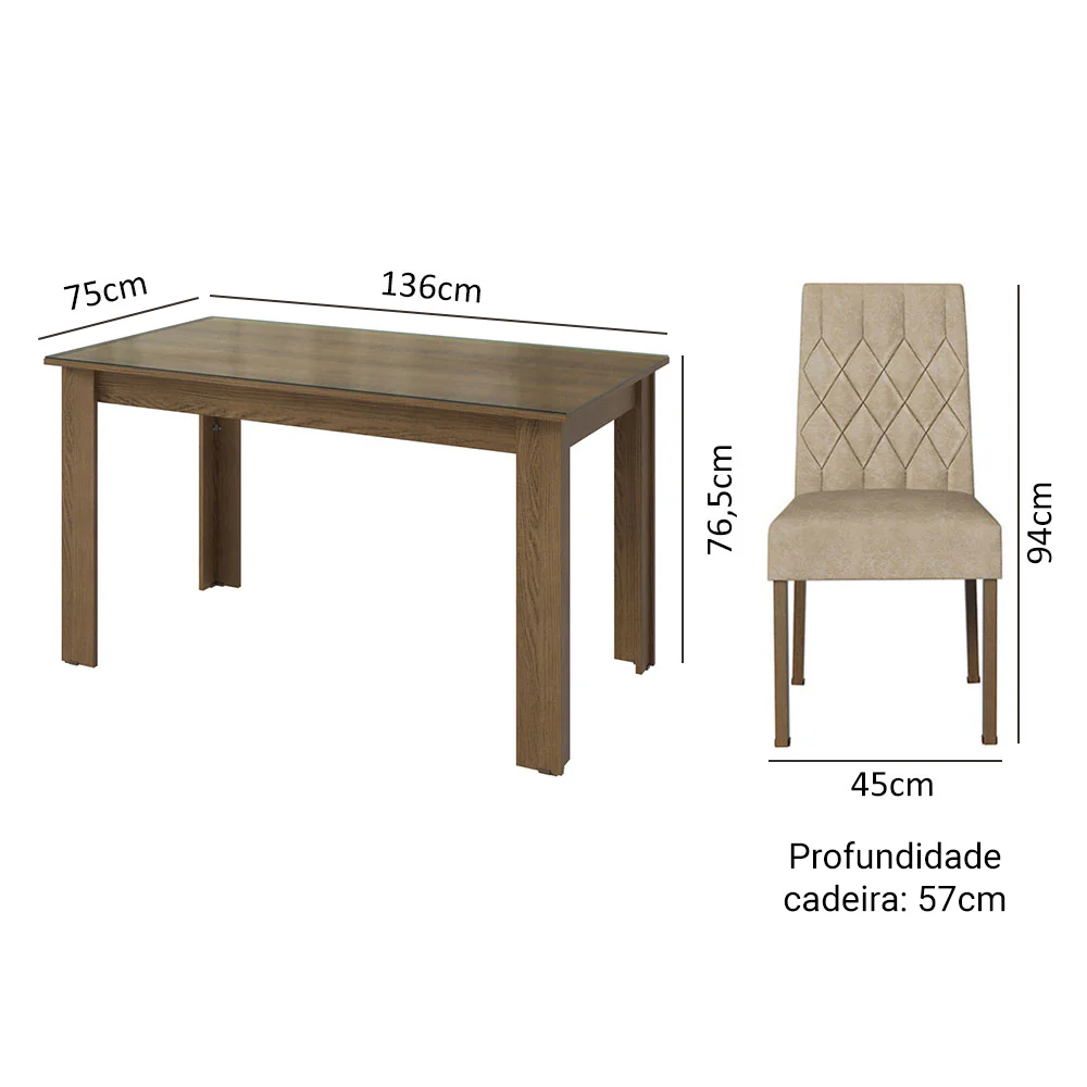 Conjunto Sala de Jantar Mesa Tampo de Vidro 6 Cadeiras Rustic/Imperial Odara Madesa - Image 3