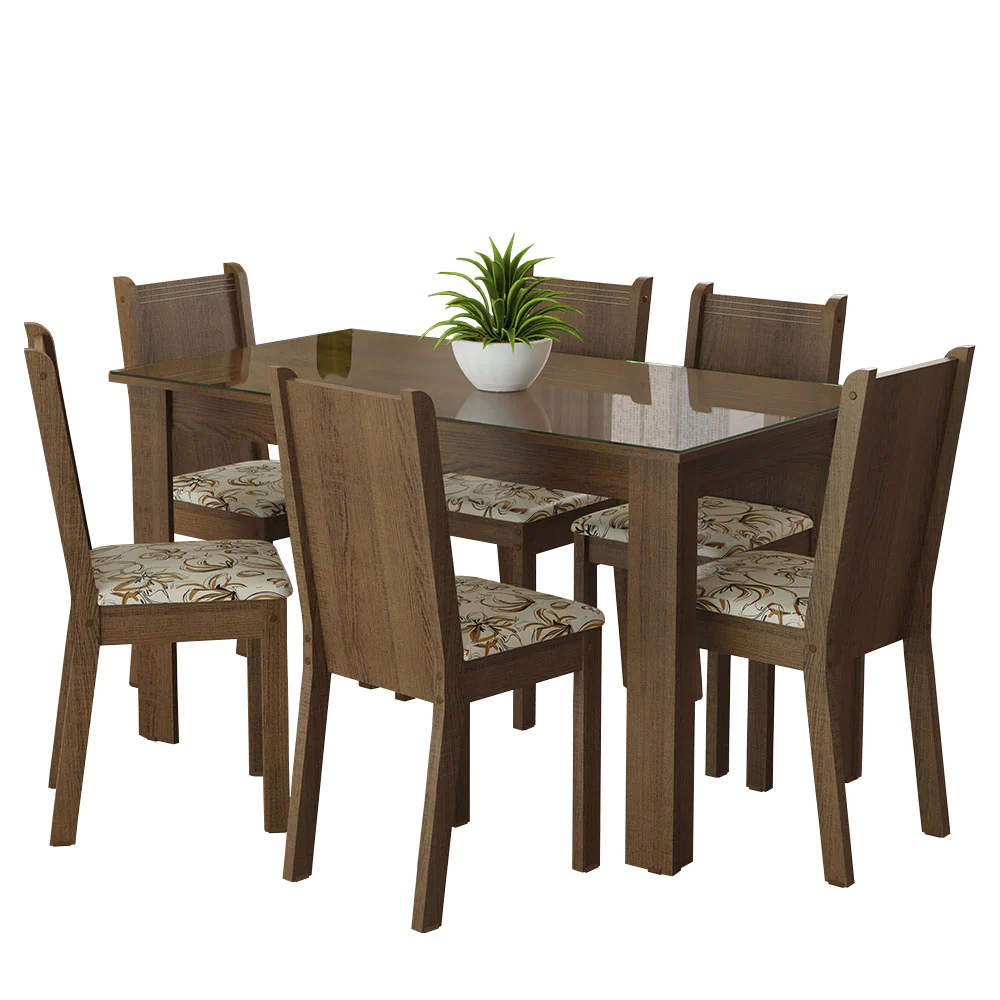 Conjunto Sala de Jantar Mesa Tampo de Vidro 6 Cadeiras Rustic/Lírio Bege Isla Madesa - Image 2