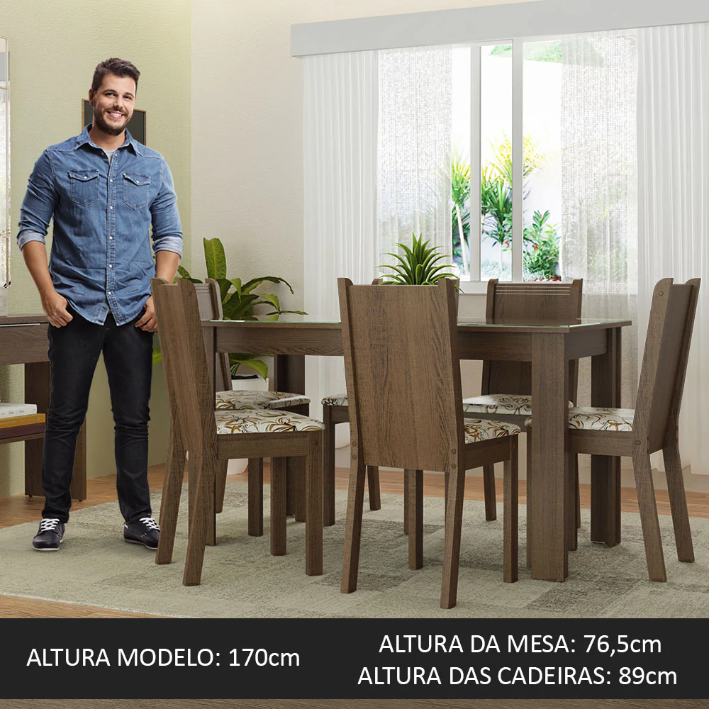 Conjunto Sala de Jantar Mesa Tampo de Vidro 6 Cadeiras Rustic/Lírio Bege Isla Madesa - Image 4
