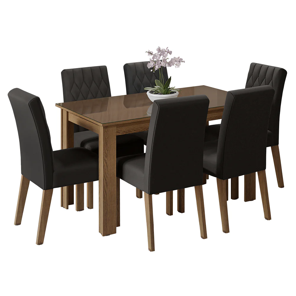 Conjunto Sala de Jantar Mesa Tampo de Vidro 6 Cadeiras Rustic/Oxford Odara Madesa - Image 2