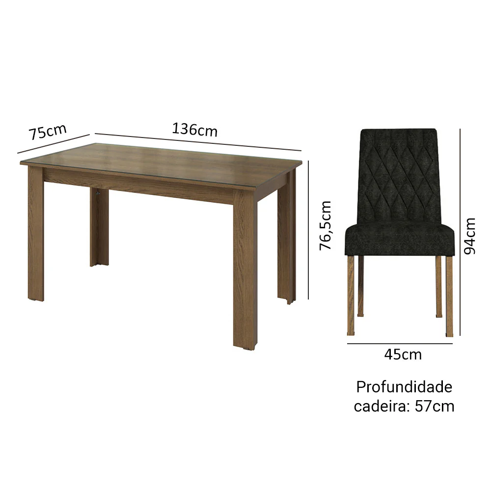 Conjunto Sala de Jantar Mesa Tampo de Vidro 6 Cadeiras Rustic/Oxford Odara Madesa - Image 3