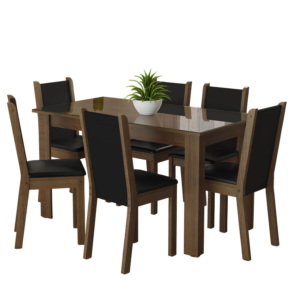 Conjunto Sala de Jantar Mesa Tampo de Vidro 6 Cadeiras Rustic/Preto Heloísa Madesa - Image 2