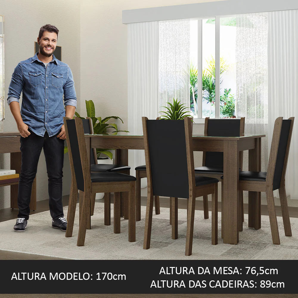 Conjunto Sala de Jantar Mesa Tampo de Vidro 6 Cadeiras Rustic/Preto Heloísa Madesa - Image 4