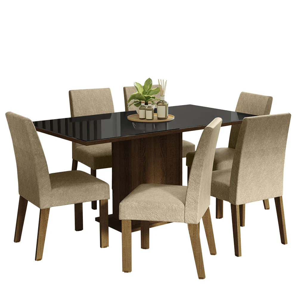Conjunto Sala de Jantar Mesa Tampo de Vidro 6 Cadeiras Rustic/Preto/Imperial Alexis Madesa - Image 2