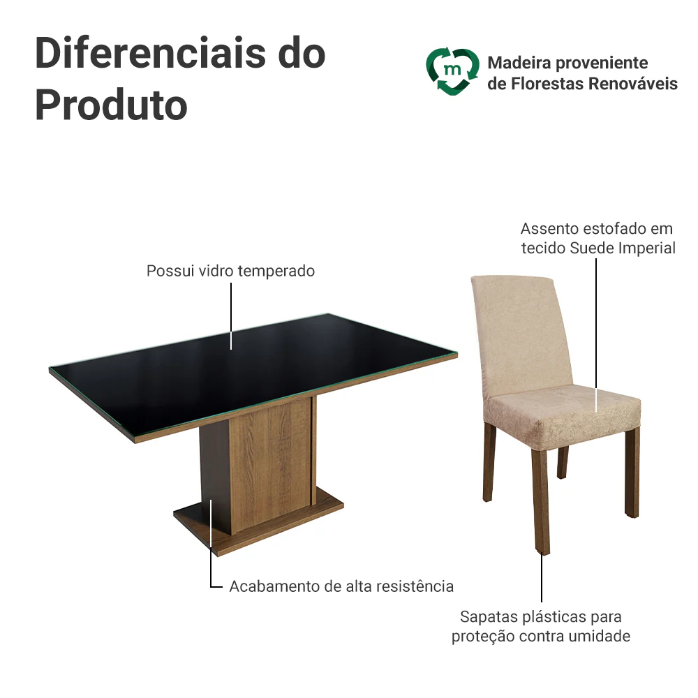 Conjunto Sala de Jantar Mesa Tampo de Vidro 6 Cadeiras Rustic/Preto/Imperial Alexis Madesa - Image 4