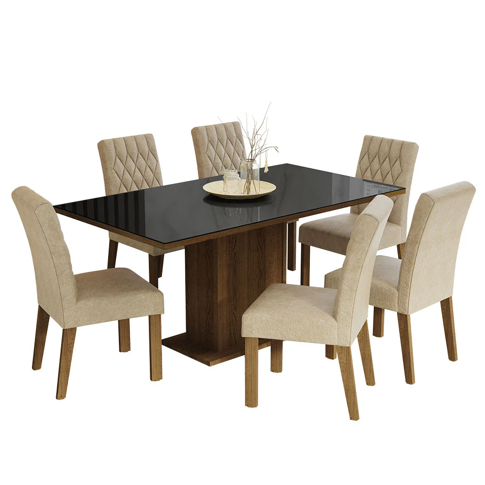 Conjunto Sala de Jantar Mesa Tampo de Vidro 6 Cadeiras Rustic/Preto/Imperial Geórgia Madesa - Image 2