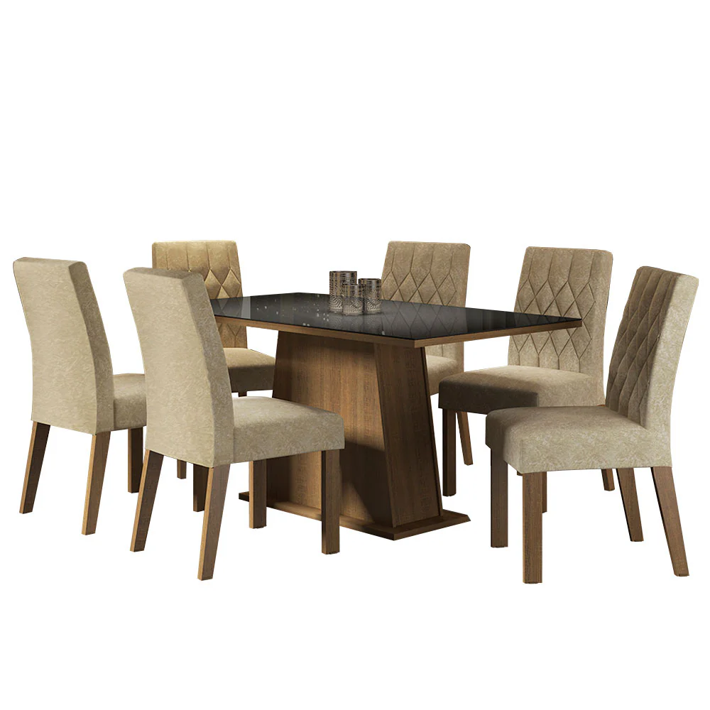 Conjunto Sala de Jantar Mesa Tampo de Vidro 6 Cadeiras Rustic/Preto/Imperial Stéfani Madesa - Image 2