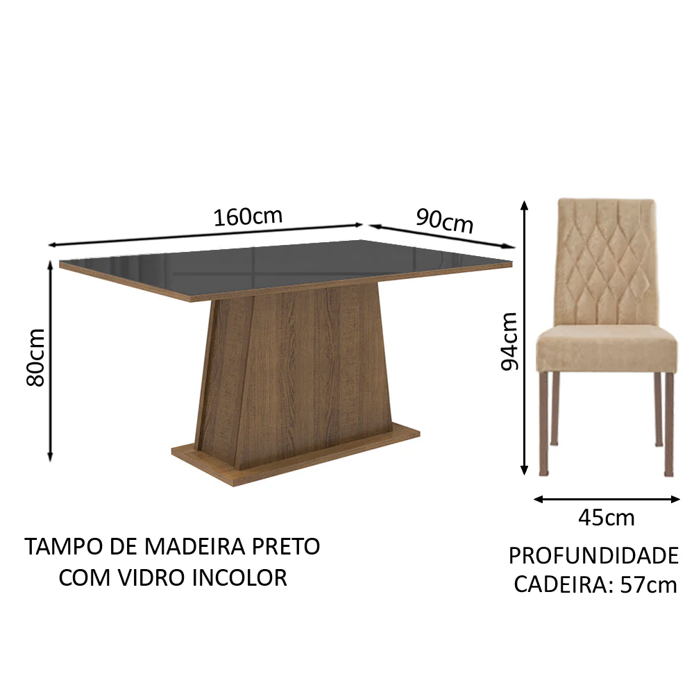 Conjunto Sala de Jantar Mesa Tampo de Vidro 6 Cadeiras Rustic/Preto/Imperial Stéfani Madesa - Image 3