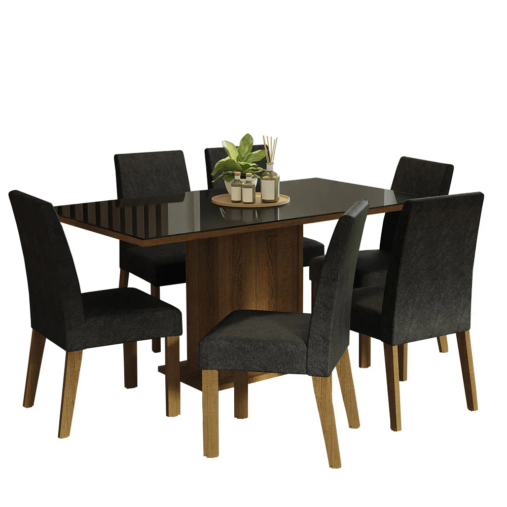 Conjunto Sala de Jantar Mesa Tampo de Vidro 6 Cadeiras Rustic/Preto/Oxford Alexis Madesa - Image 2