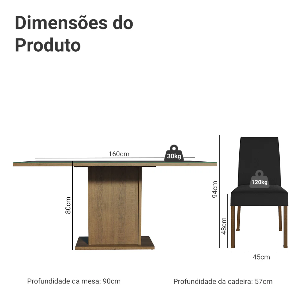 Conjunto Sala de Jantar Mesa Tampo de Vidro 6 Cadeiras Rustic/Preto/Oxford Alexis Madesa - Image 3