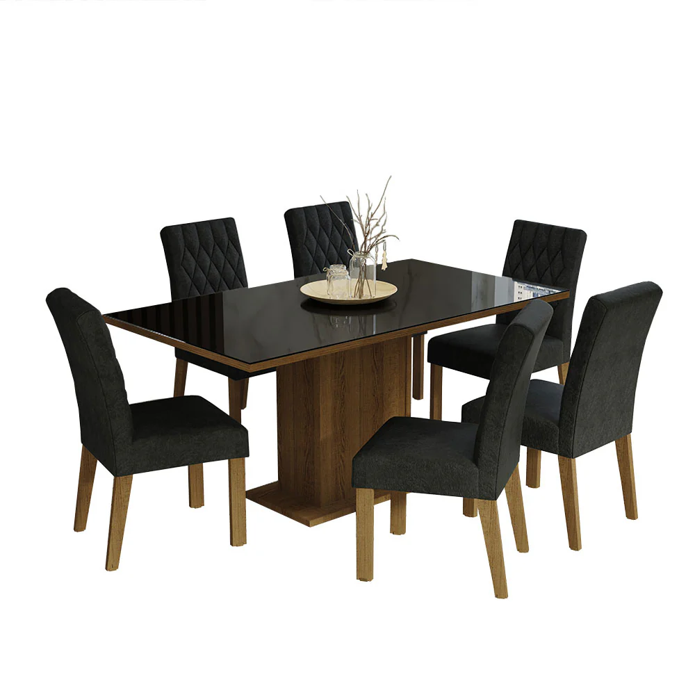 Conjunto Sala de Jantar Mesa Tampo de Vidro 6 Cadeiras Rustic/Preto/Oxford Geórgia Madesa - Image 2