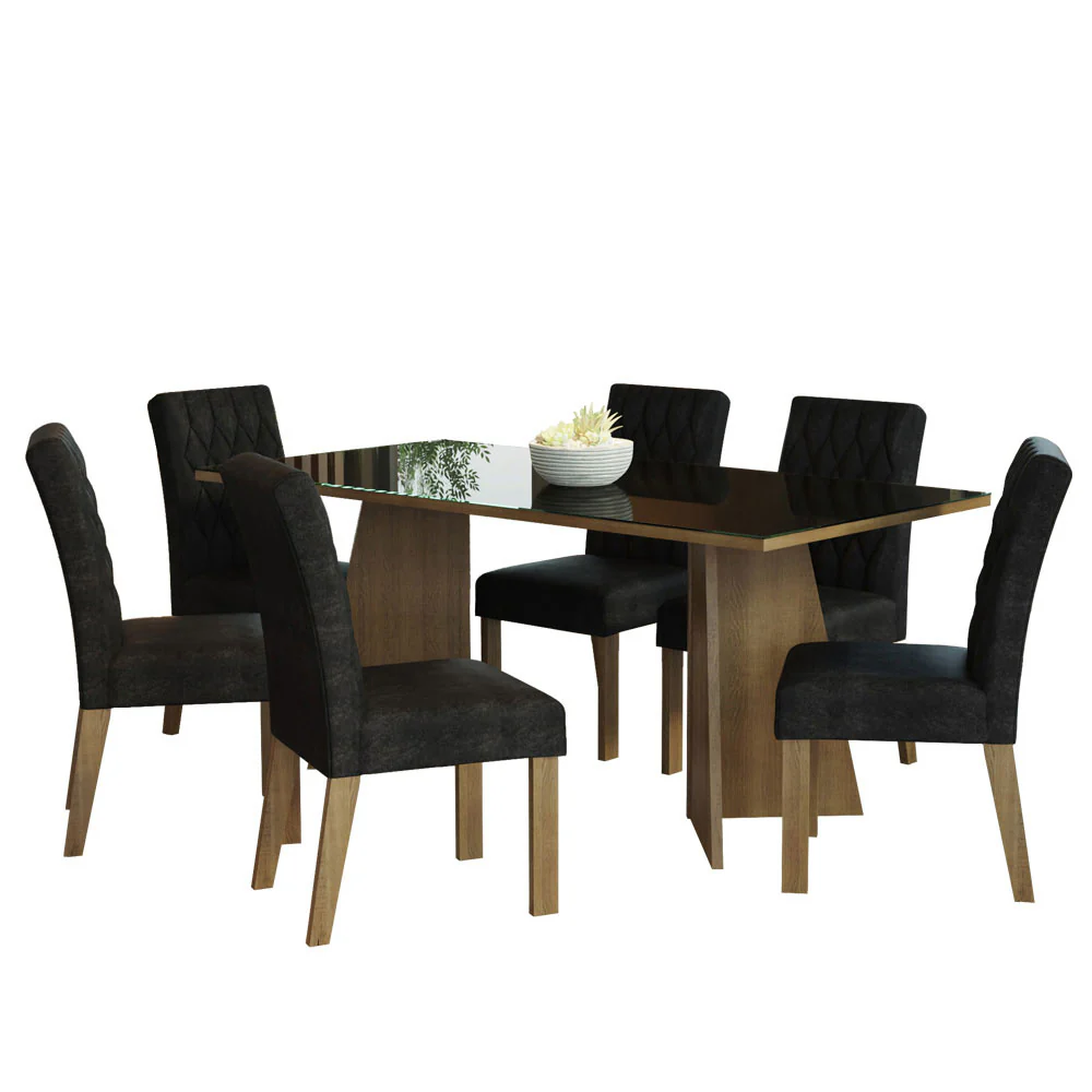 Conjunto Sala de Jantar Mesa Tampo de Vidro 6 Cadeiras Rustic/Preto/Oxford Marissa Madesa - Image 2