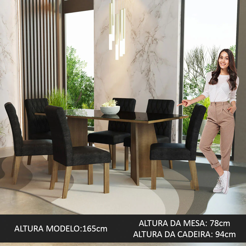 Conjunto Sala de Jantar Mesa Tampo de Vidro 6 Cadeiras Rustic/Preto/Oxford Marissa Madesa - Image 3