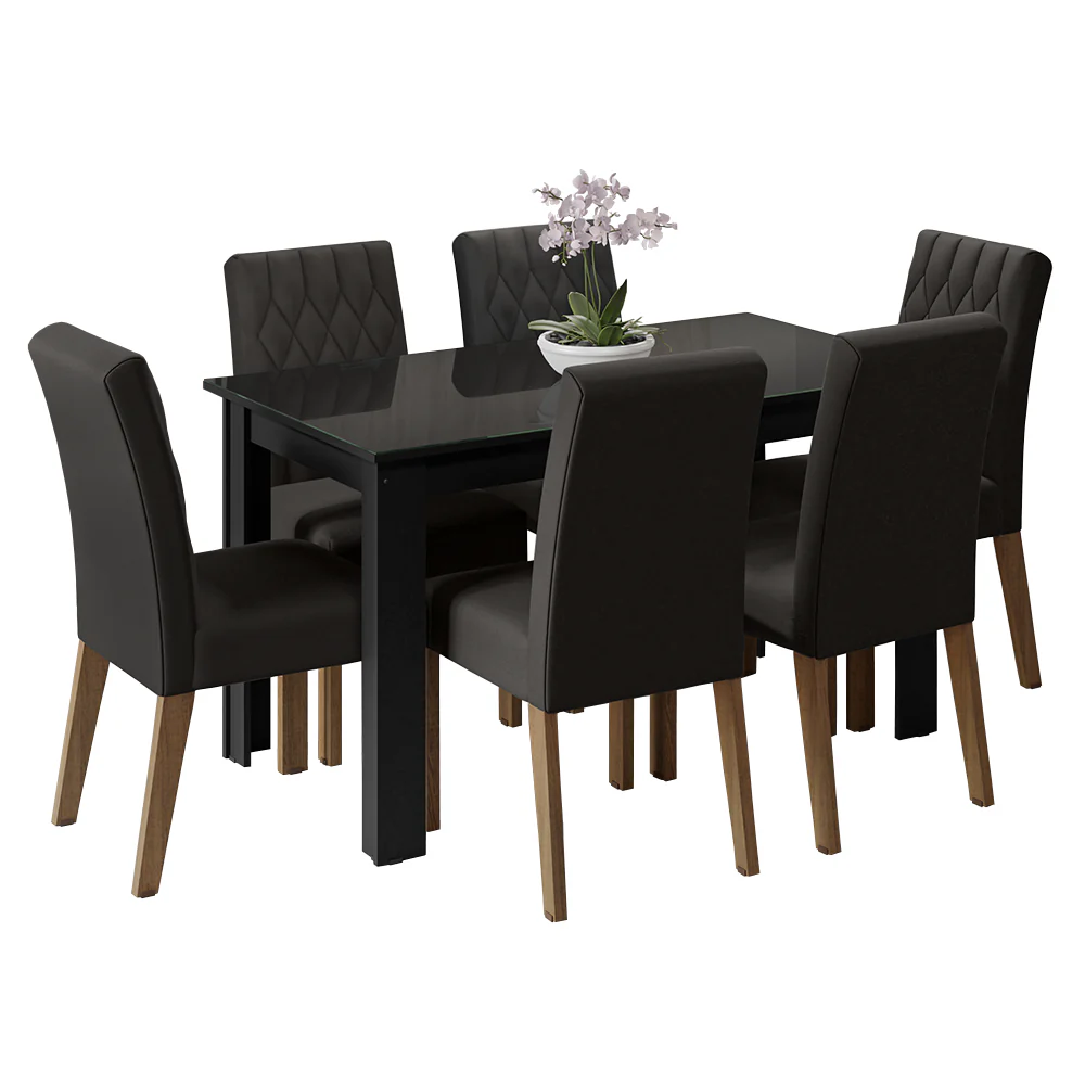 Conjunto Sala de Jantar Mesa Tampo de Vidro 6 Cadeiras Rustic/Preto/Oxford Odara Madesa - Image 2