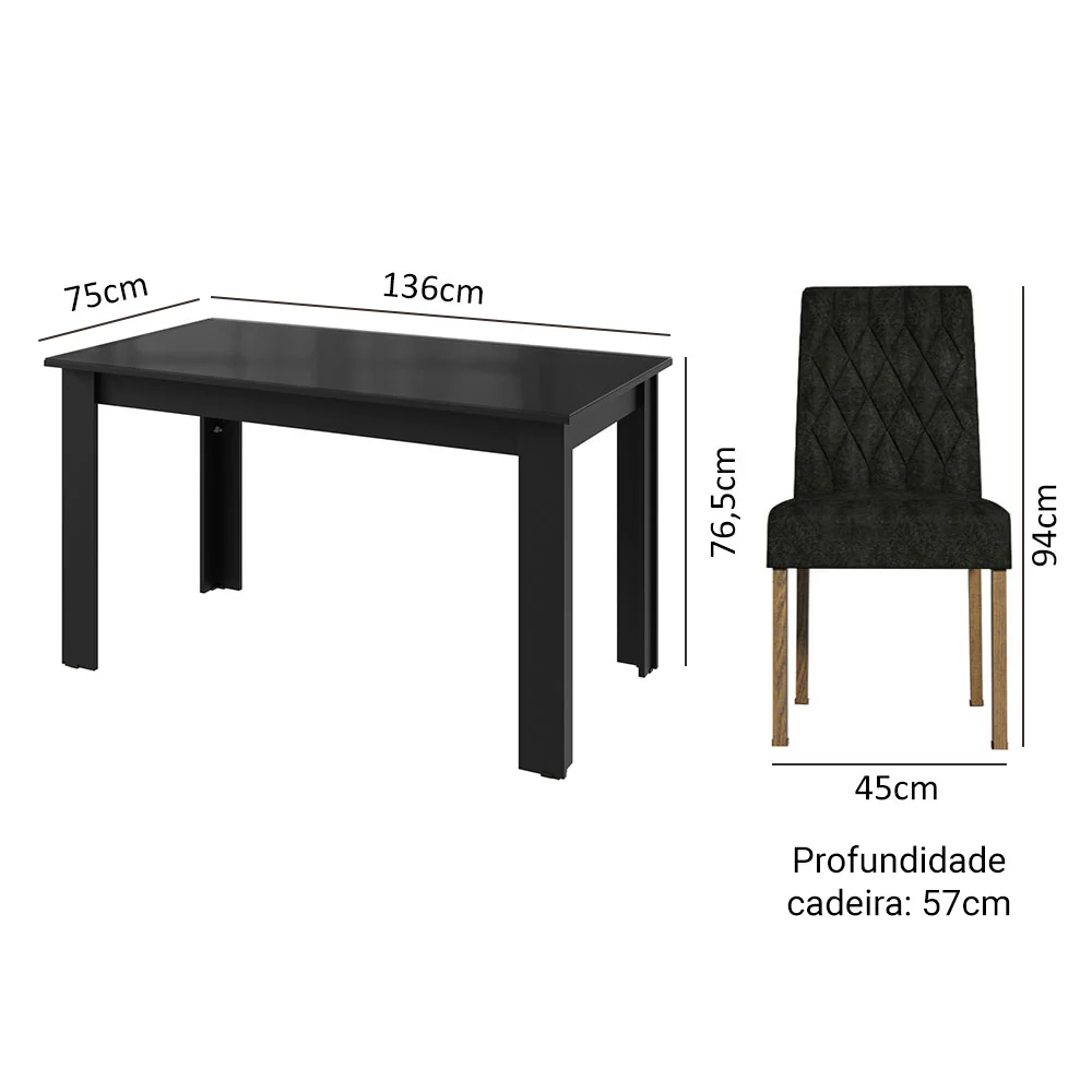 Conjunto Sala de Jantar Mesa Tampo de Vidro 6 Cadeiras Rustic/Preto/Oxford Odara Madesa - Image 3