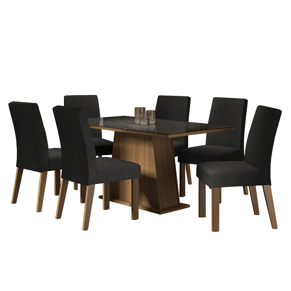 Conjunto Sala de Jantar Mesa Tampo de Vidro  6 Cadeiras Rustic/Preto/Oxford Patricia Madesa - Image 2