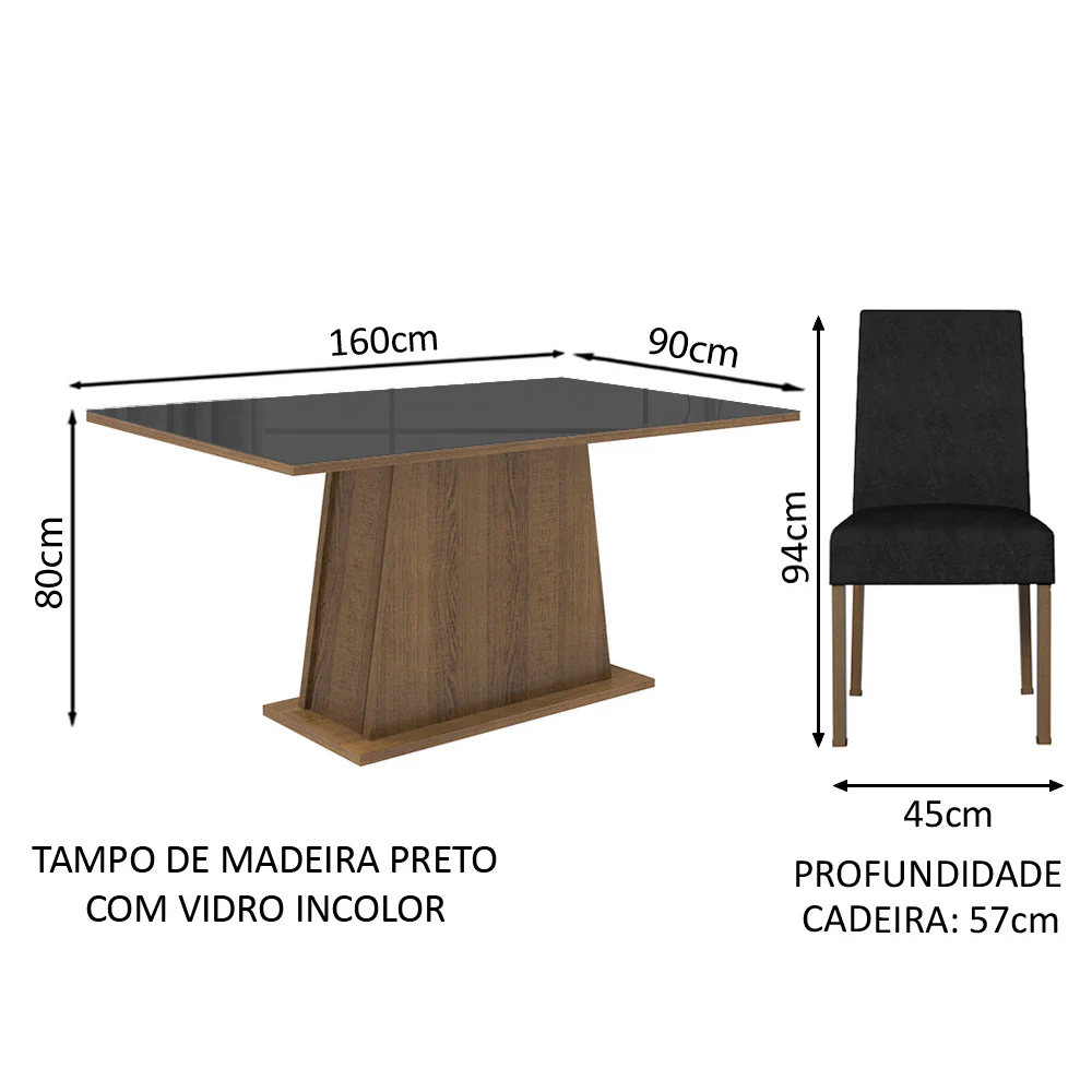 Conjunto Sala de Jantar Mesa Tampo de Vidro  6 Cadeiras Rustic/Preto/Oxford Patricia Madesa - Image 3