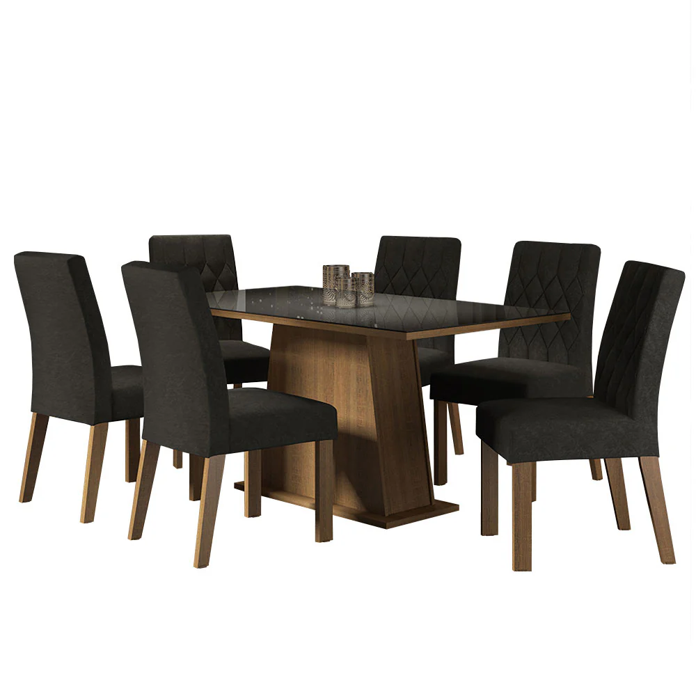 Conjunto Sala de Jantar Mesa Tampo de Vidro 6 Cadeiras Rustic/Preto/Oxford Stéfani Madesa - Image 2