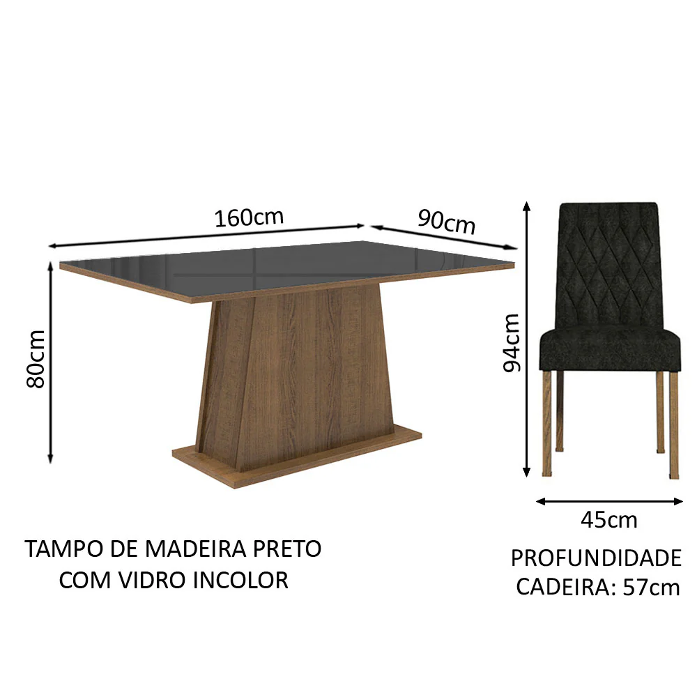 Conjunto Sala de Jantar Mesa Tampo de Vidro 6 Cadeiras Rustic/Preto/Oxford Stéfani Madesa - Image 3