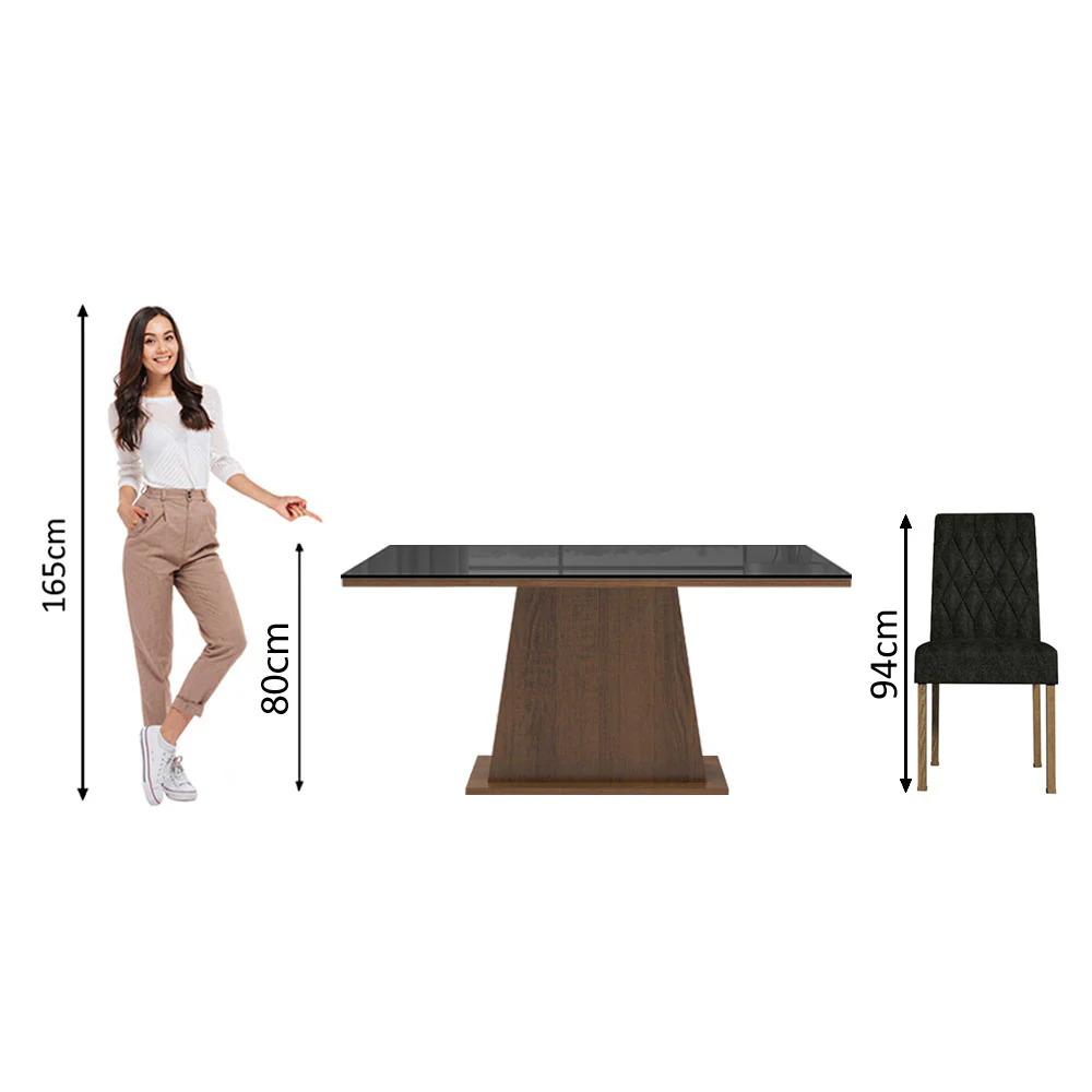 Conjunto Sala de Jantar Mesa Tampo de Vidro 6 Cadeiras Rustic/Preto/Oxford Stéfani Madesa - Image 4