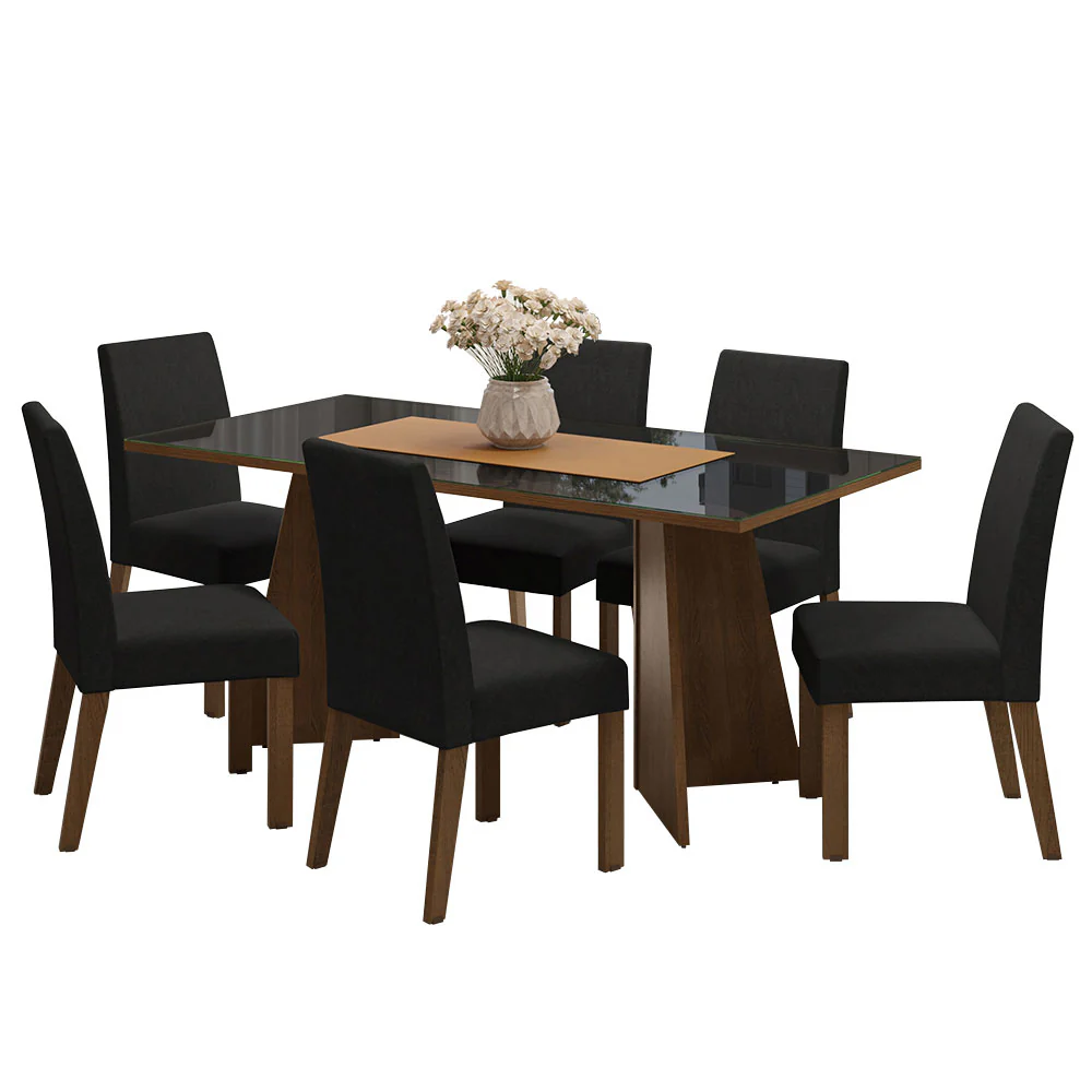 Conjunto Sala de Jantar Mesa Tampo de Vidro 6 Cadeiras Rustic/Preto/Oxford Valerie Madesa - Image 2