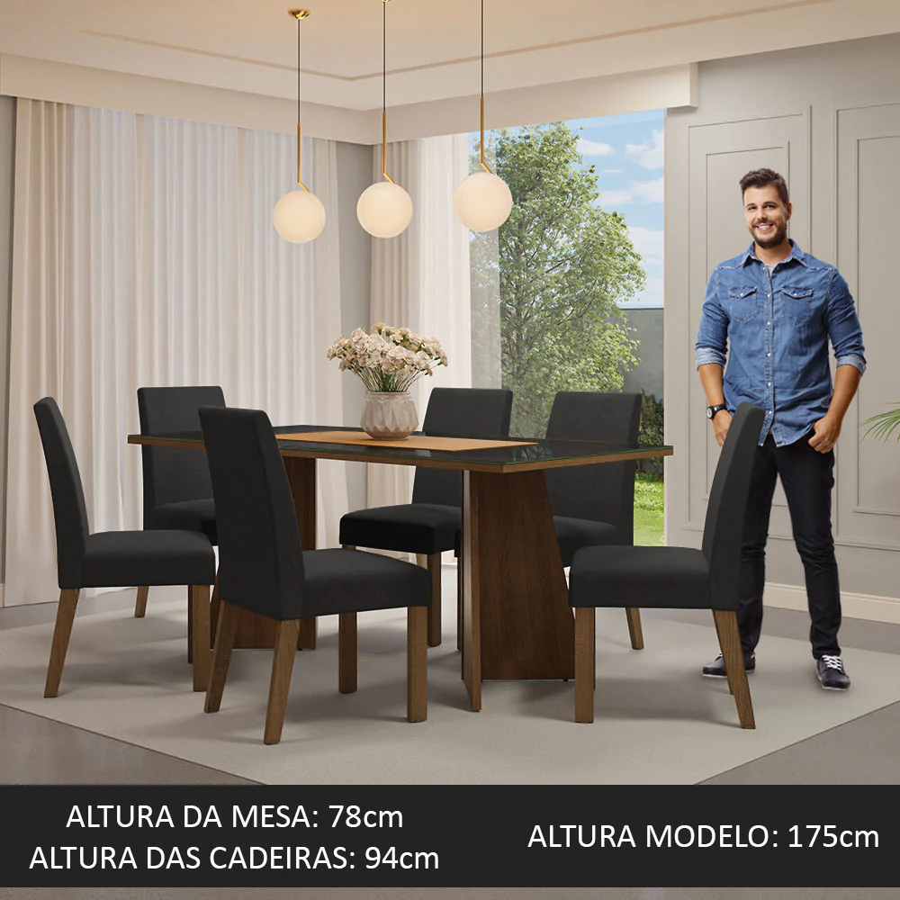 Conjunto Sala de Jantar Mesa Tampo de Vidro 6 Cadeiras Rustic/Preto/Oxford Valerie Madesa - Image 3