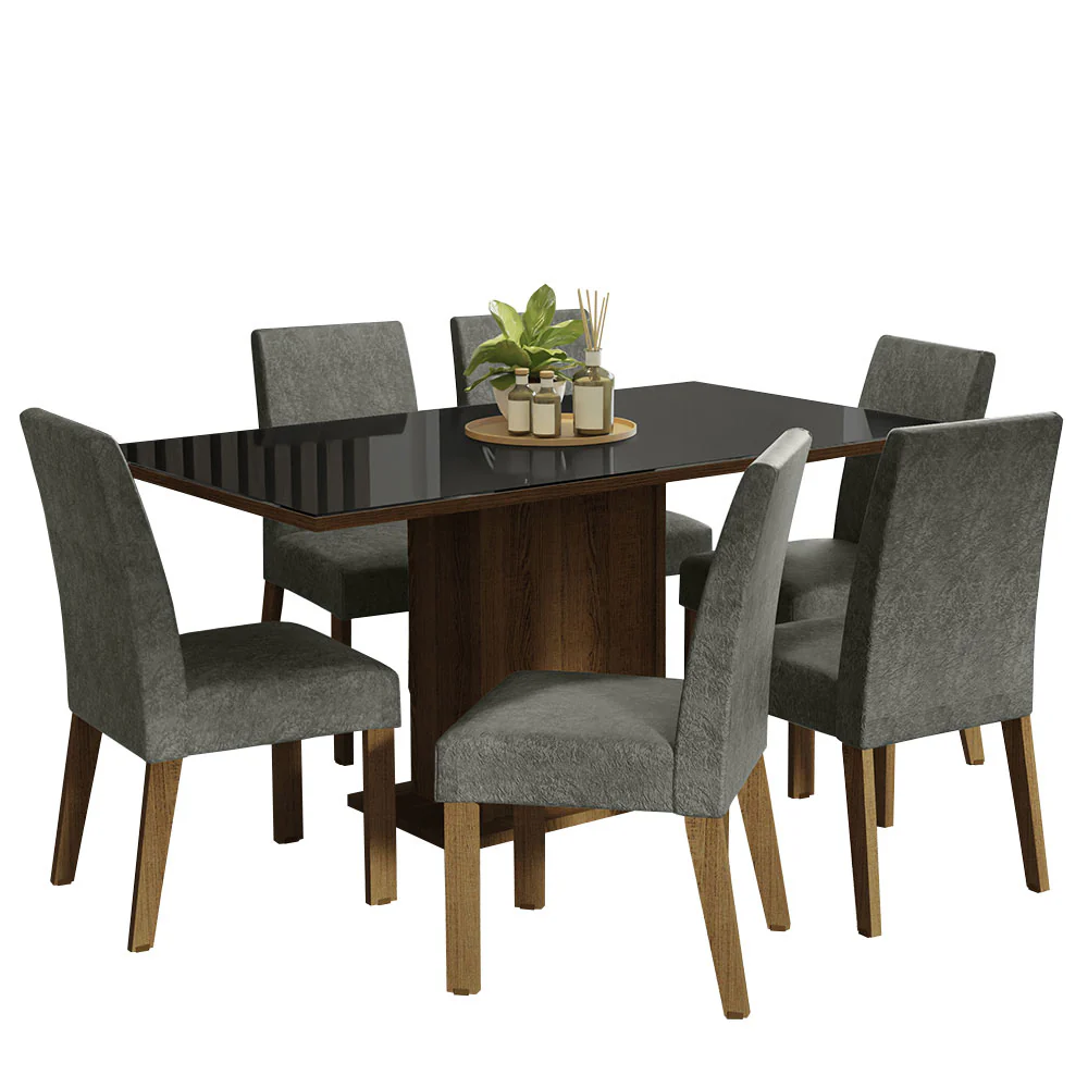 Conjunto Sala de Jantar Mesa Tampo de Vidro 6 Cadeiras Rustic/Preto/Silver Alexis Madesa - Image 2