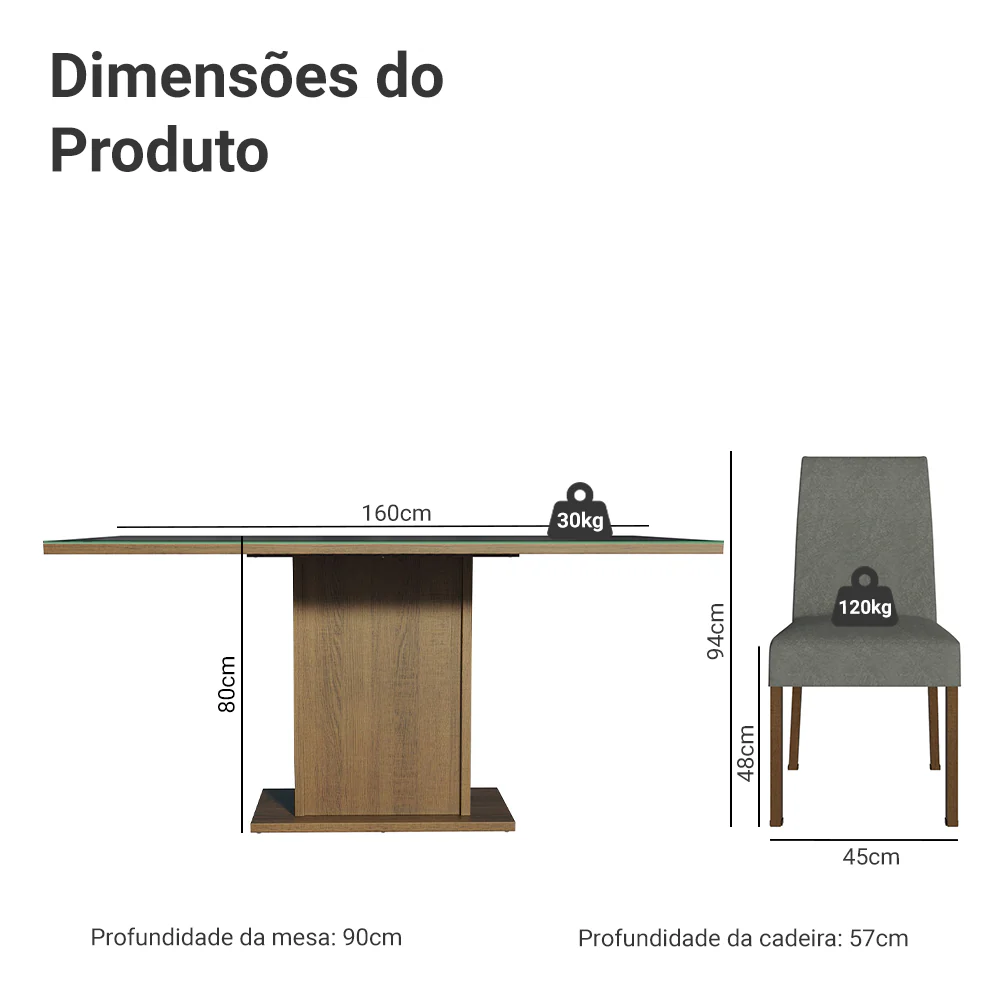 Conjunto Sala de Jantar Mesa Tampo de Vidro 6 Cadeiras Rustic/Preto/Silver Alexis Madesa - Image 3
