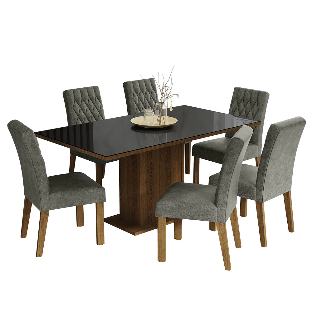 Conjunto Sala de Jantar Mesa Tampo de Vidro 6 Cadeiras Rustic/Preto/Silver Geórgia Madesa - Image 2