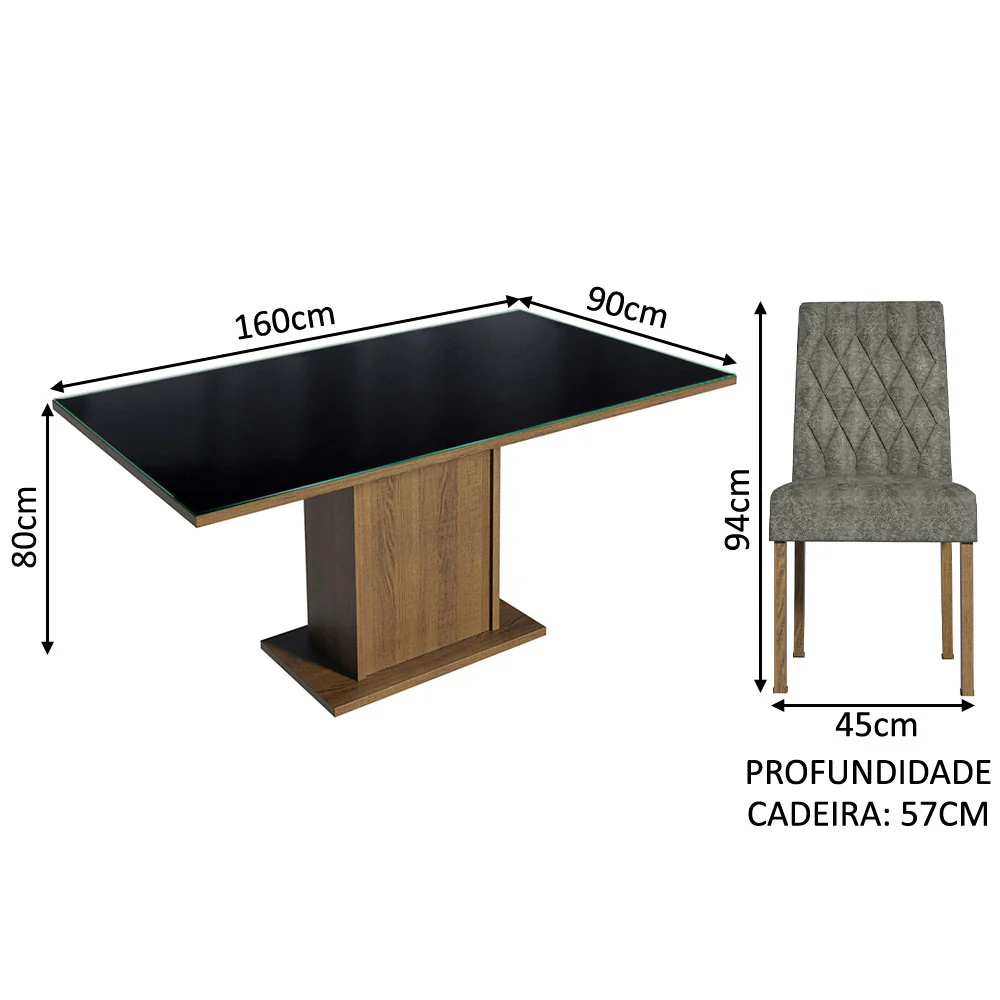 Conjunto Sala de Jantar Mesa Tampo de Vidro 6 Cadeiras Rustic/Preto/Silver Geórgia Madesa - Image 6