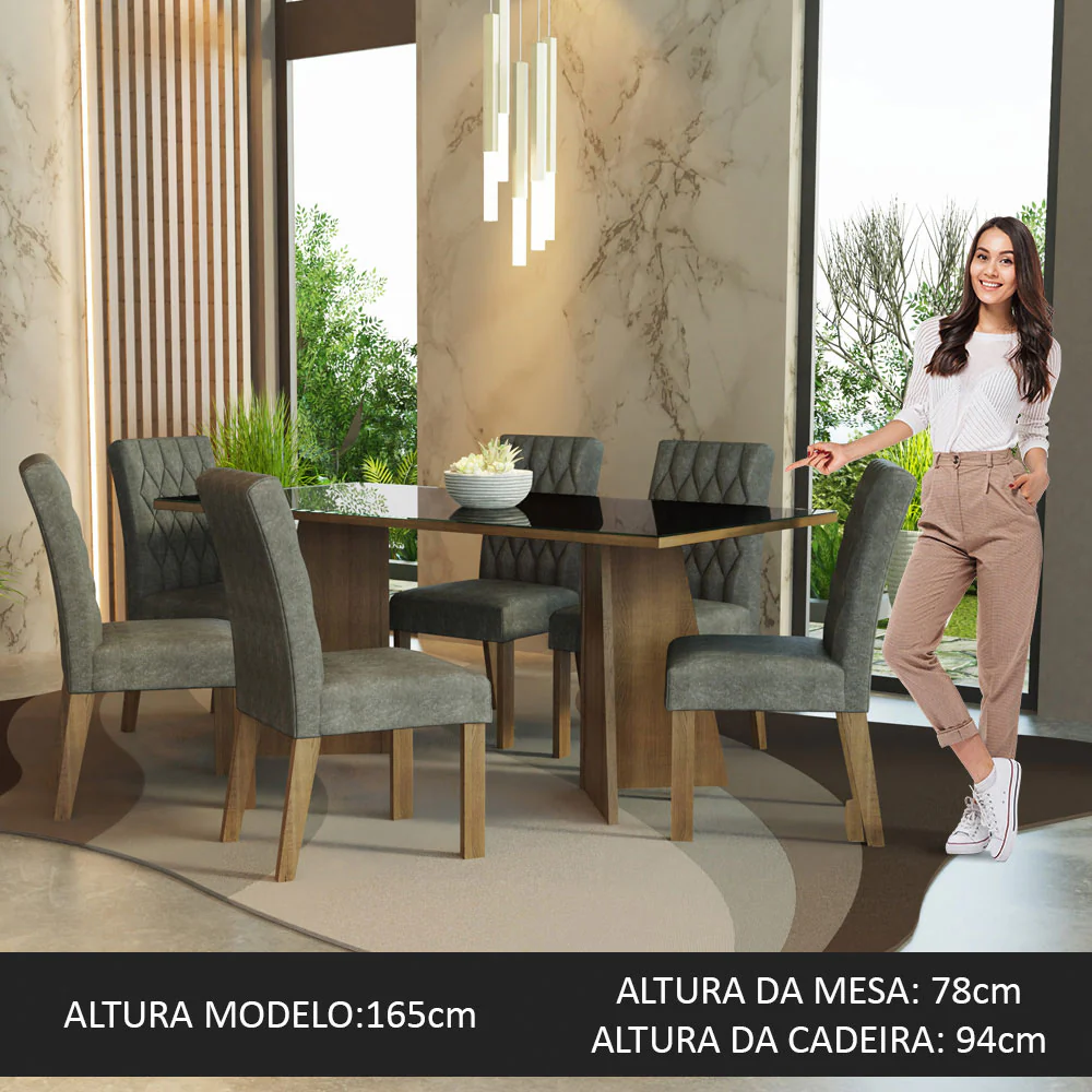 Conjunto Sala de Jantar Mesa Tampo de Vidro 6 Cadeiras Rustic/Preto/Silver Marissa Madesa - Image 3