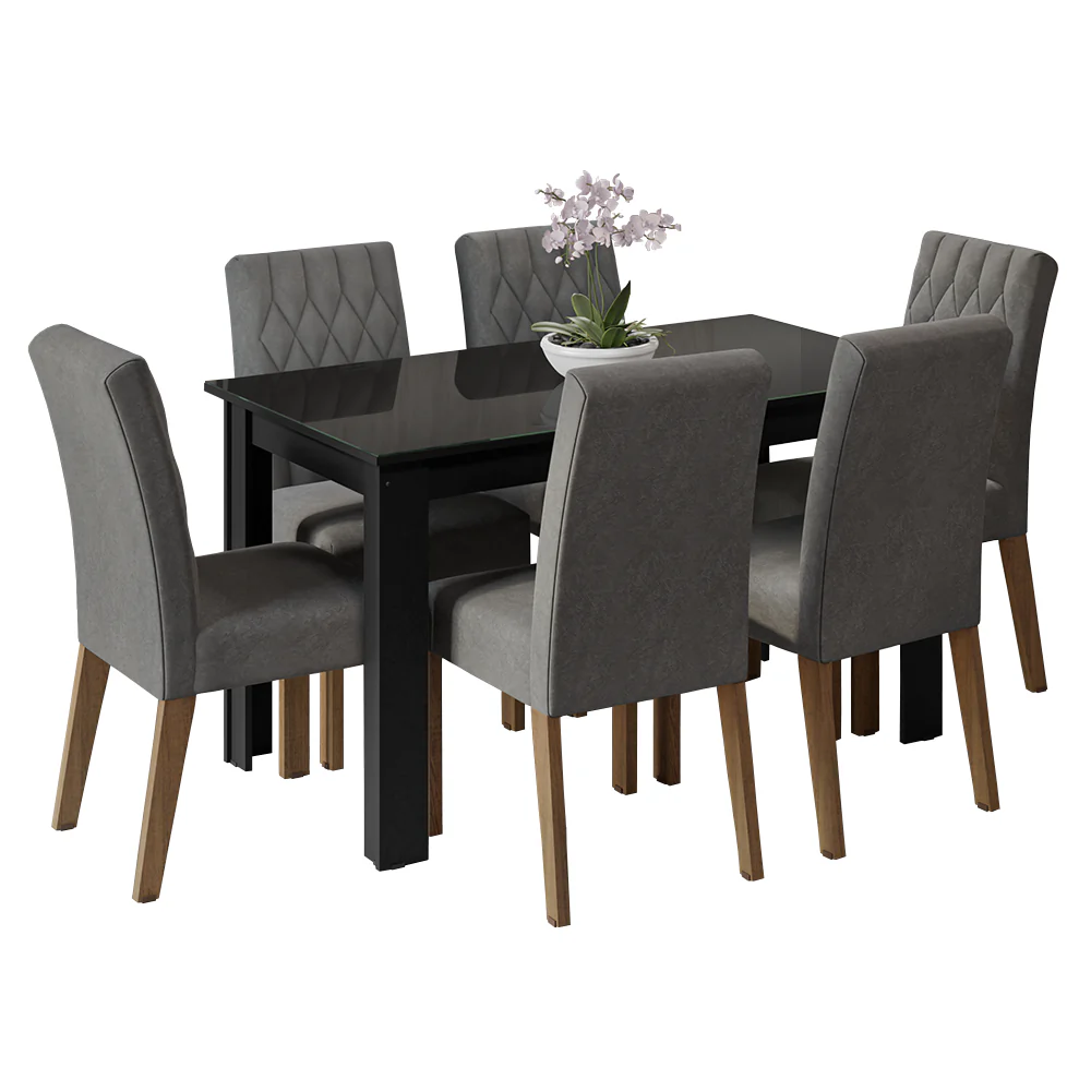 Conjunto Sala de Jantar Mesa Tampo de Vidro 6 Cadeiras Rustic/Preto/Silver Odara Madesa - Image 2
