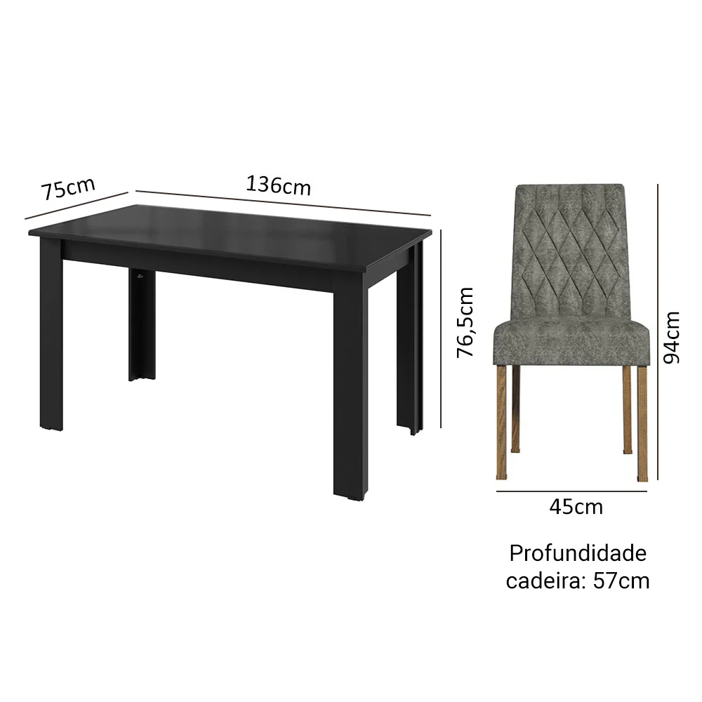 Conjunto Sala de Jantar Mesa Tampo de Vidro 6 Cadeiras Rustic/Preto/Silver Odara Madesa - Image 3