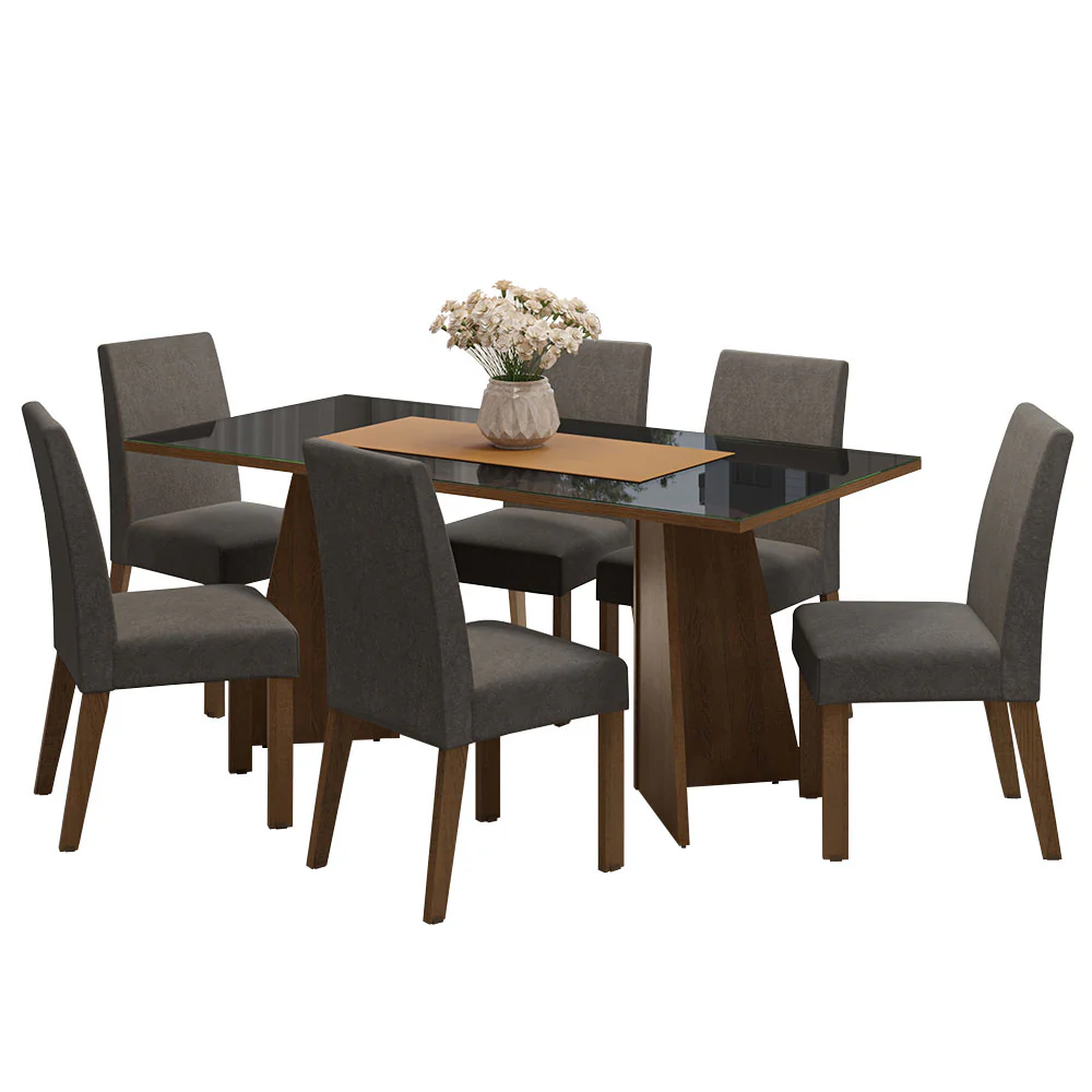 Conjunto Sala de Jantar Mesa Tampo de Vidro 6 Cadeiras Rustic/Preto/Silver Valerie Madesa - Image 2