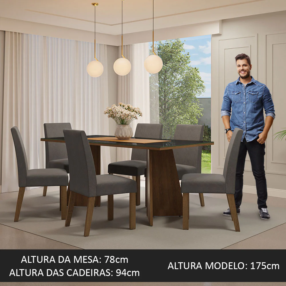 Conjunto Sala de Jantar Mesa Tampo de Vidro 6 Cadeiras Rustic/Preto/Silver Valerie Madesa - Image 3