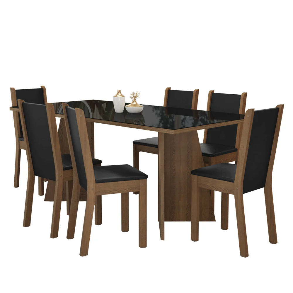Conjunto Sala de Jantar Mesa Tampo de Vidro 6 Cadeiras Rustic/Preto Viola Madesa - Image 2