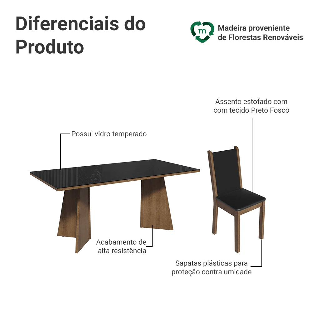 Conjunto Sala de Jantar Mesa Tampo de Vidro 6 Cadeiras Rustic/Preto Viola Madesa - Image 4