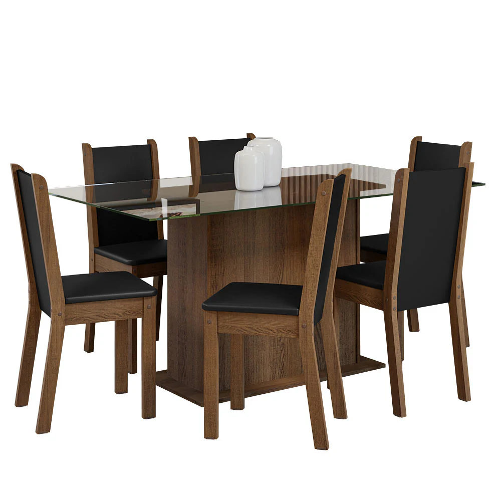 Conjunto Sala de Jantar Mesa Tampo de Vidro 6 Cadeiras Rustic/Preto Yolanda Madesa - Image 2